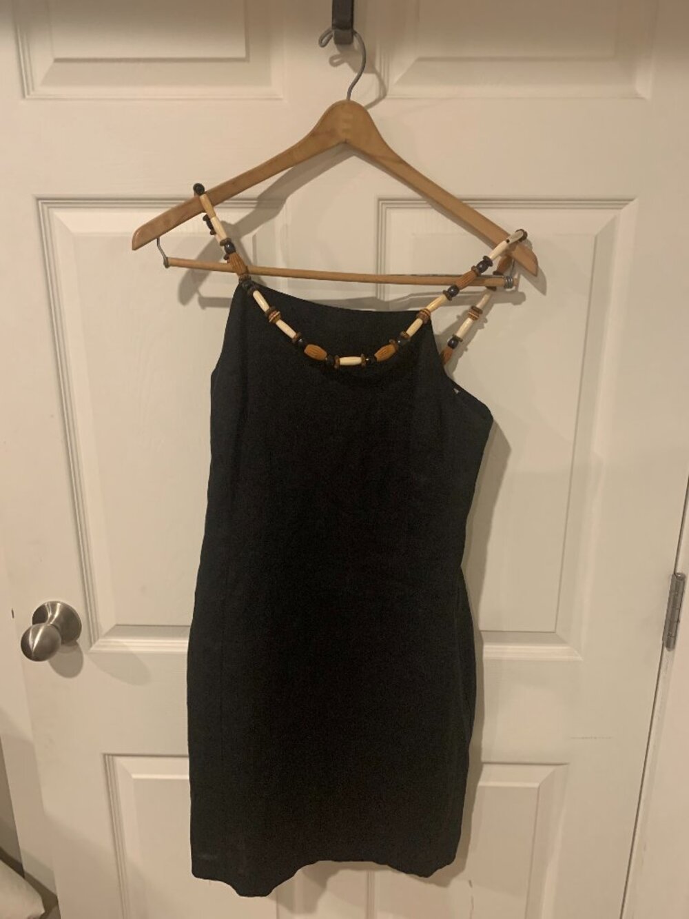Vintage Jackie Bernard Black Beaded Strap Shift Dress Size 10 Boho